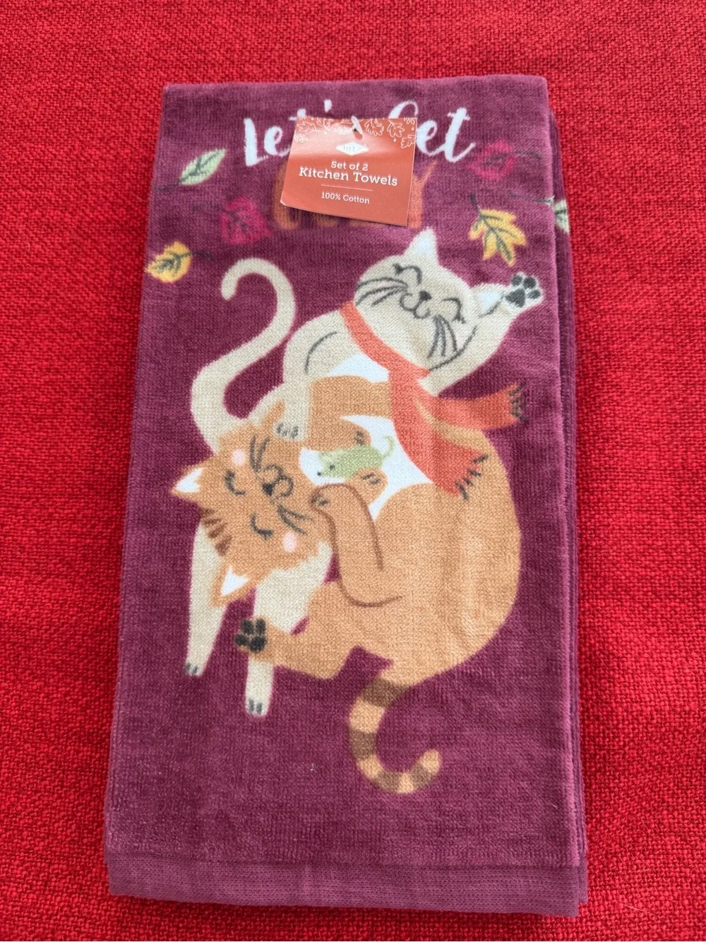 Set of 2 Cat Kitchen Towels - Plum Cat Design cat lovers